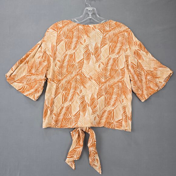 LUQ Stitch Fix Brown Beige Floral Shirt NEW Tie V-Neck Short Sleeves Women's XSP - Picture 2 of 8